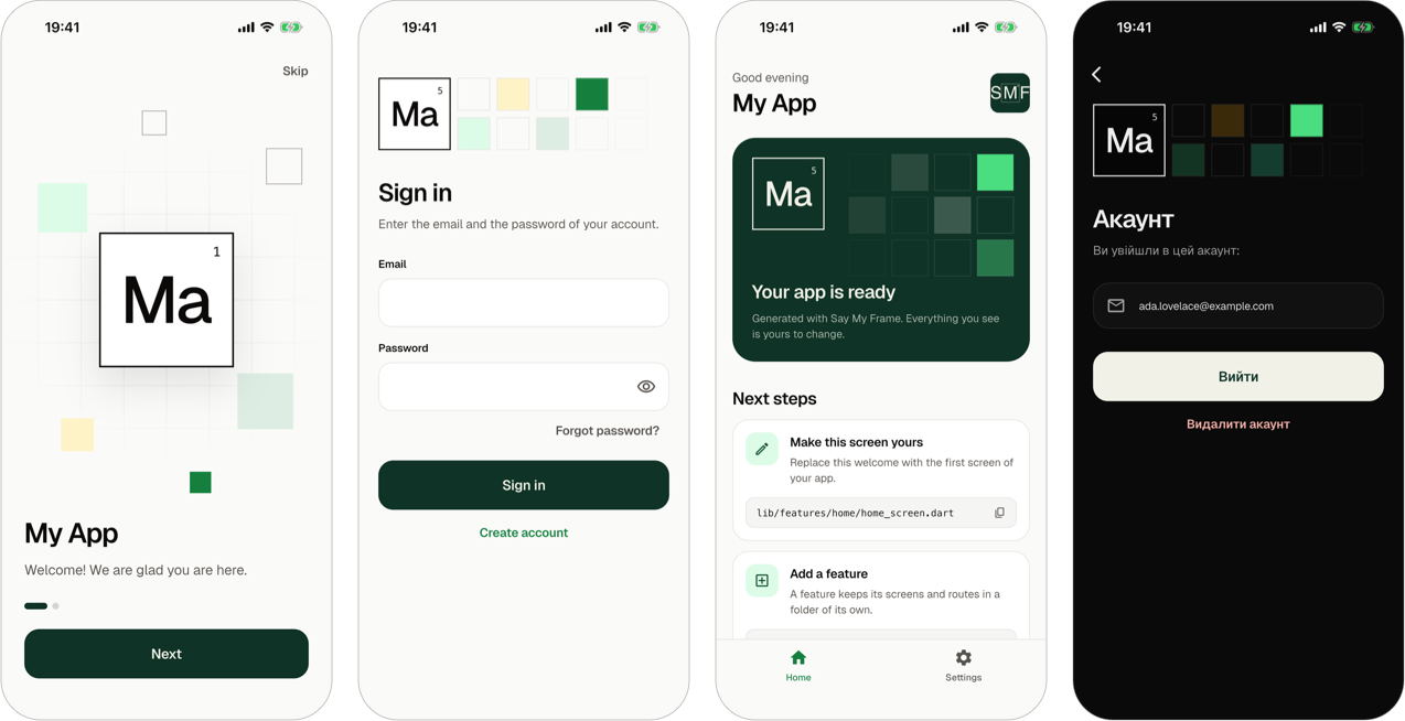 The app that smf create generates, on a phone: the onboarding, the sign-in, the start screen, and the account screen in the dark theme and in Ukrainian