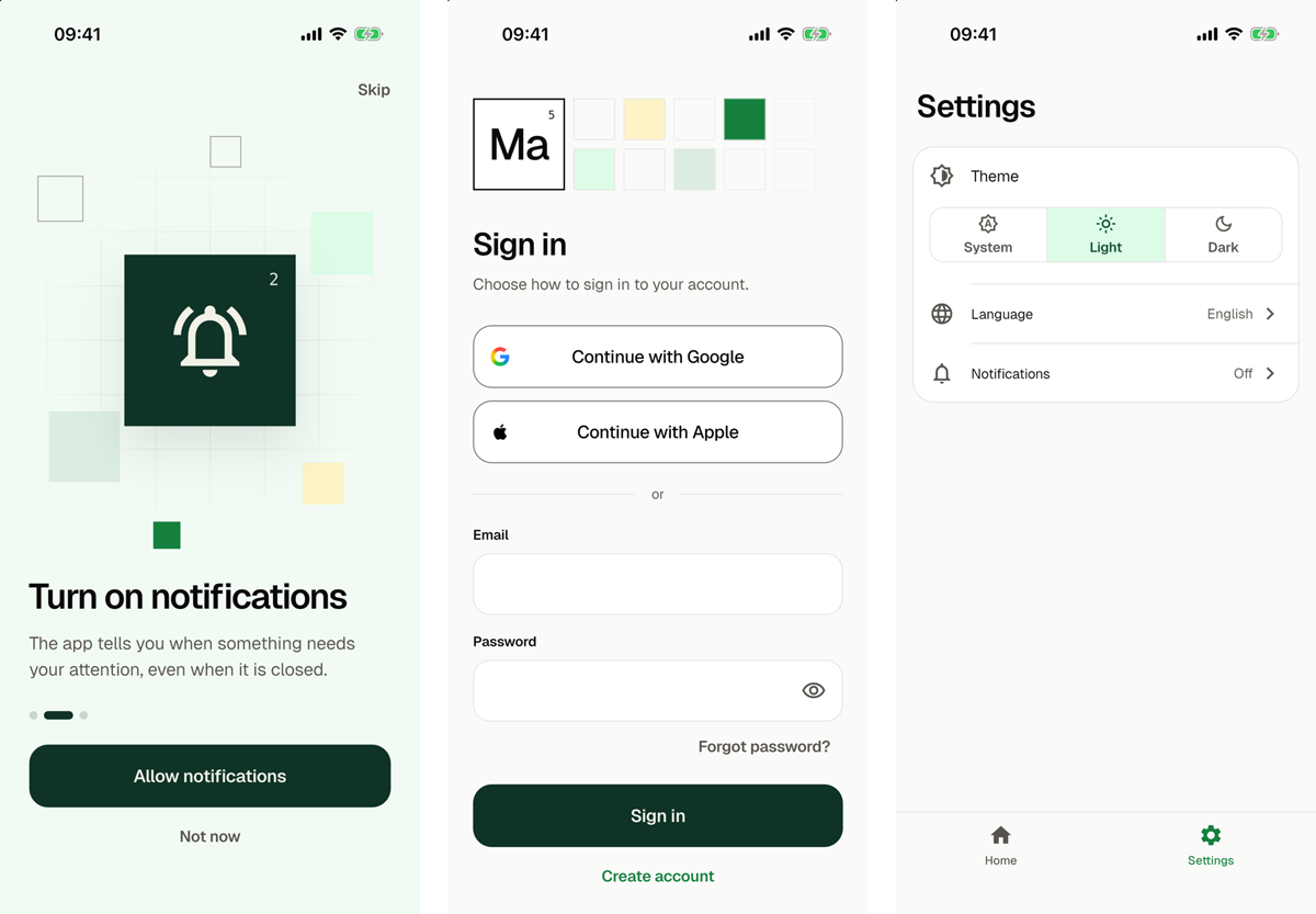Three screens of the generated app: the page of the onboarding "Turn on notifications" with the buttons Allow notifications and Not now, the sign-in with the buttons Continue with Google and Continue with Apple above the email and the password, and the settings screen with the rows Theme, Language and Notifications