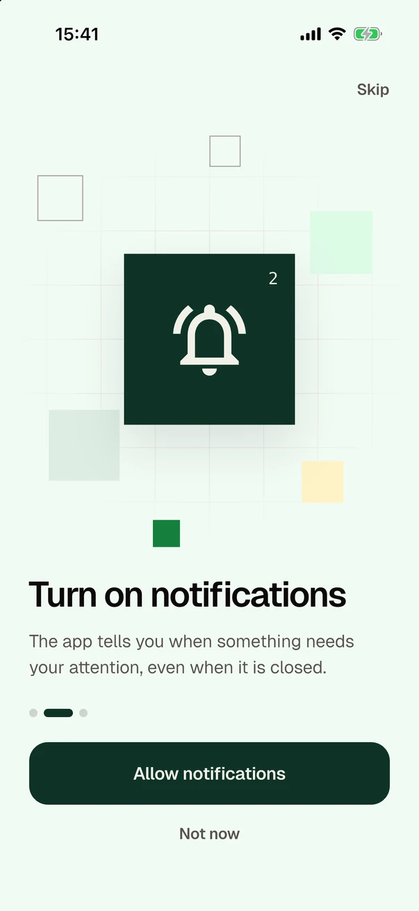 The second page of the onboarding: a dark green tile with a bell among the cells of a table, the title "Turn on notifications", the line "The app tells you when something needs your attention, even when it is closed.", the button Allow notifications and, below it, Not now.