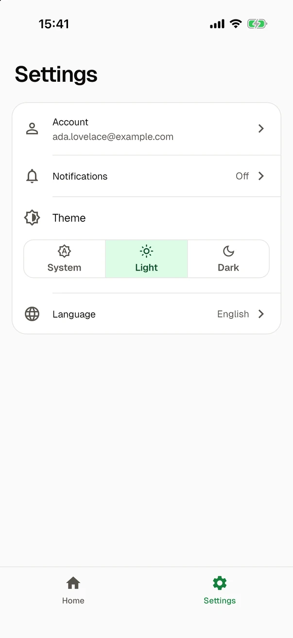 The settings screen in the light theme: the row Account with the address ada.lovelace@example.com, the notifications, which are off, the theme, with Light selected among System, Light and Dark, and the language, which is English.