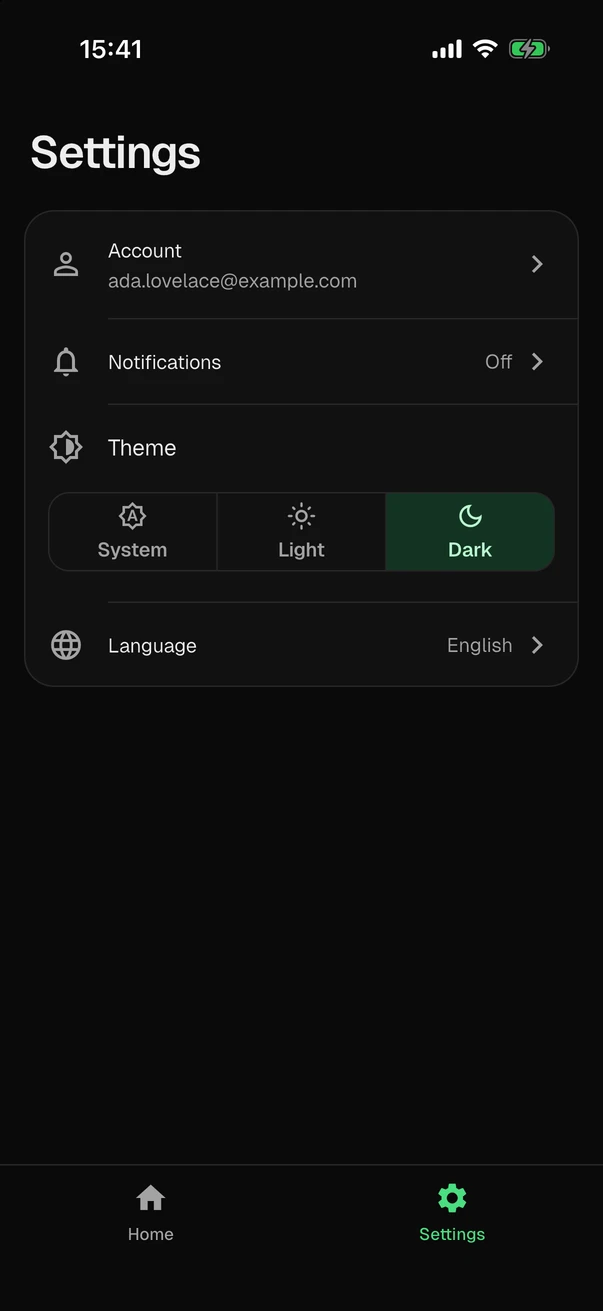 The settings screen in the dark theme: the row Account with the address ada.lovelace@example.com, the notifications, which are off, the theme, with Dark selected among System, Light and Dark, and the language, which is English.